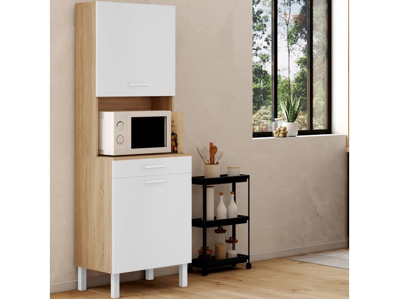 Buffet de cuisine 60 cm cina 2 portes + tiroir façon hêtre et blanc - 1