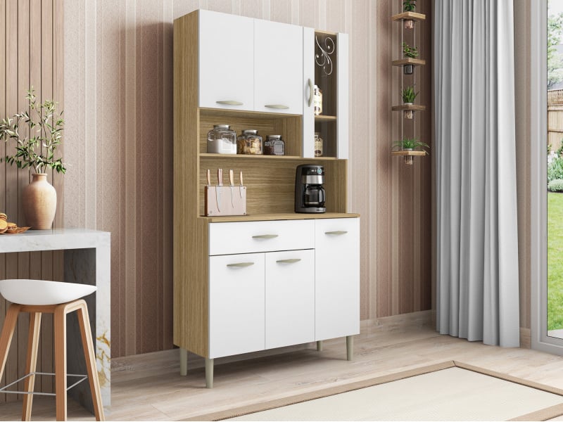 Buffet de cuisine 6 portes 1 tiroir chêne et blanc l 90.9 h 173.5 p 36.3 cm - 1
