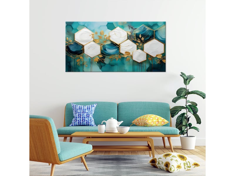 Tableau sur toile hexagone abstrait turquoise 100x50 - 1