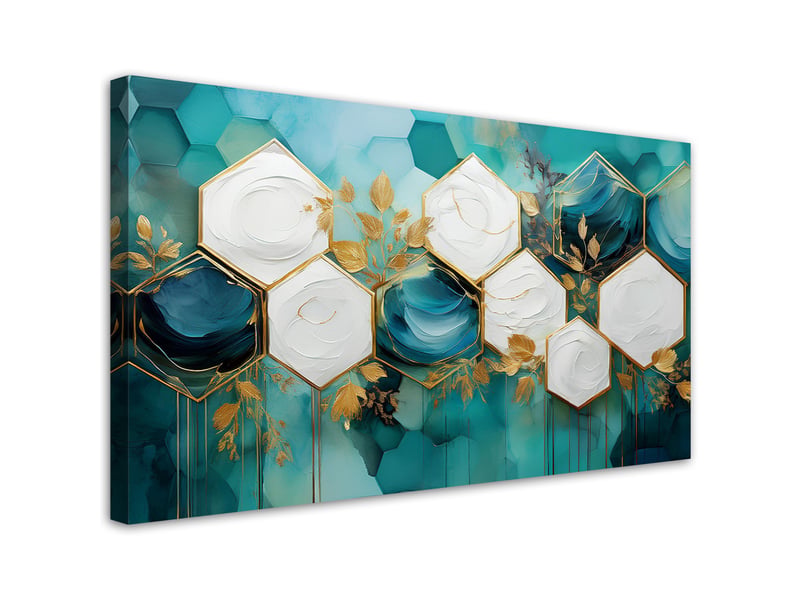 Tableau sur toile hexagone abstrait turquoise 100x50 - 2