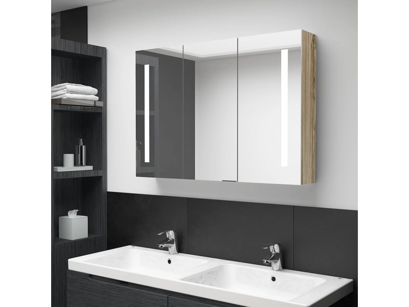 Armoire de salle de bain à miroir led | armoire murale | armoire de toilette 89x14x62 cm chêne - 1
