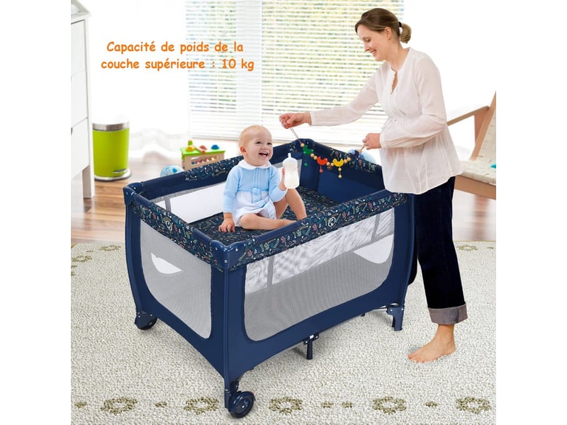 Lit parapluie pliant bébé 0-36 mois 3 en 1 avec matelas roulettes sac de transport charge max 15kg gris 125 x 65 x 76cm bleu - 1