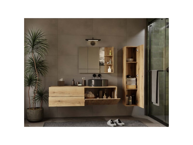 Tigo - meuble sous-lavabo chêne façade rainurée 2 tiroirs - 140×37,5×53 cm - 1